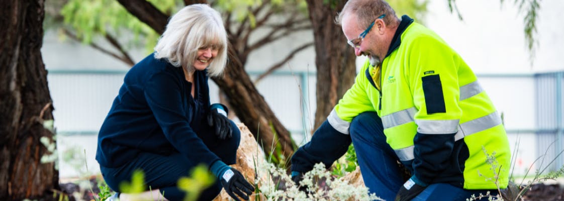 Two people planting in Aqwest's waterwise garden