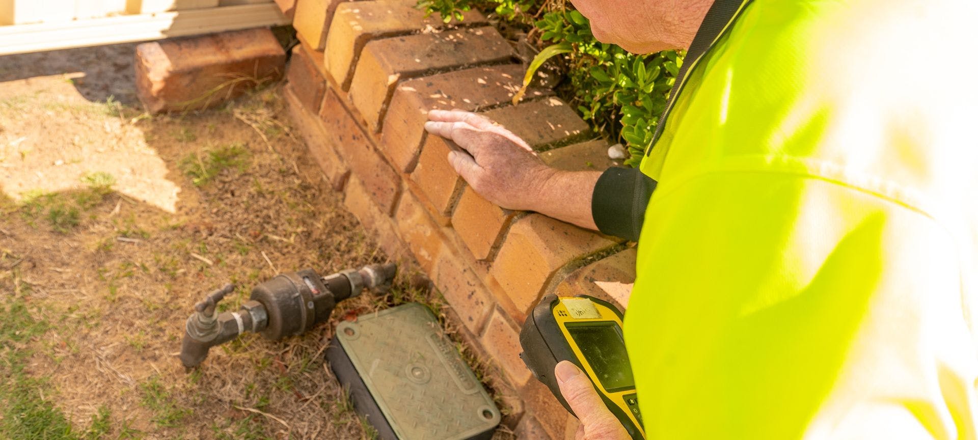 Aqwest employee holding a monitoring device looking over a water meter