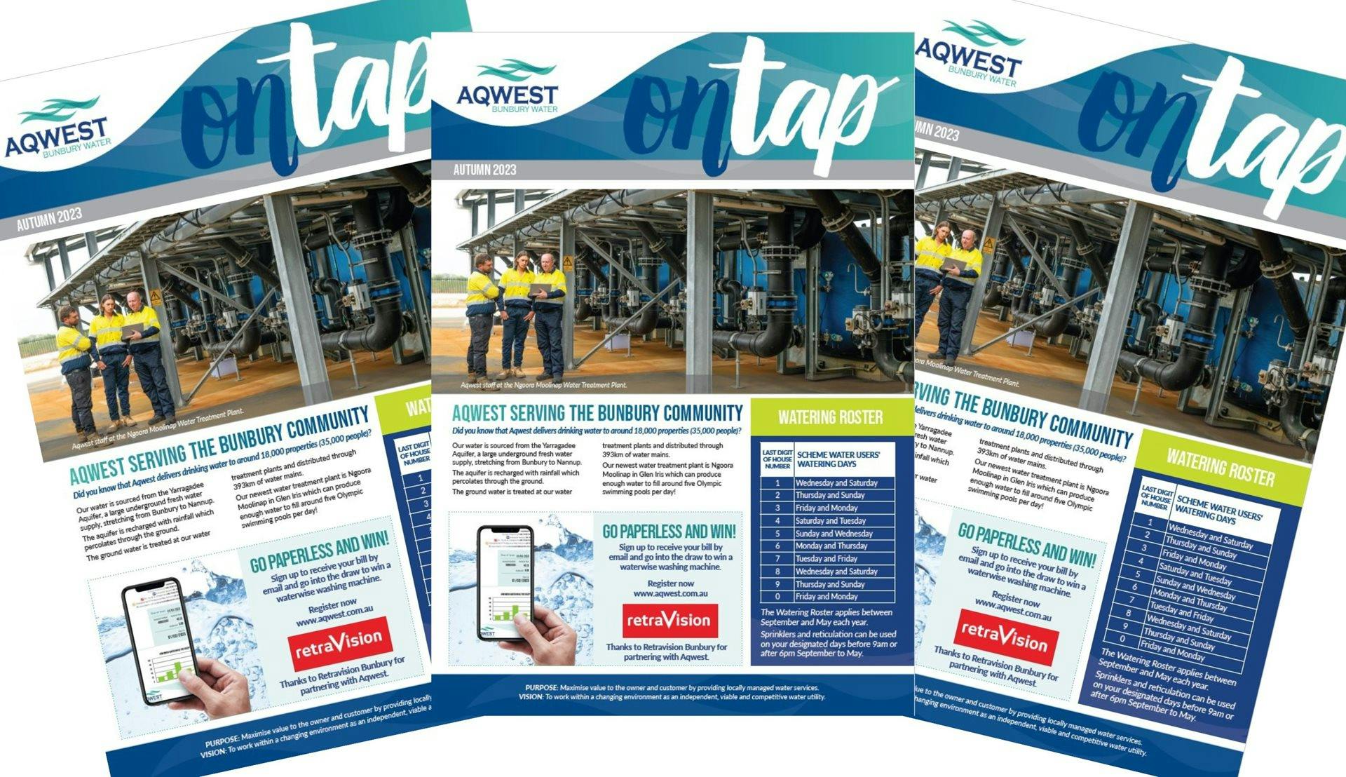 Three copies of the On Tap newsletter splayed