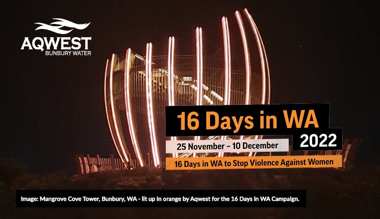 The Mangrove Cove Tower, Bunbury, WA - lit up in orange by Aqwest for the 16 Days in WA Campaign