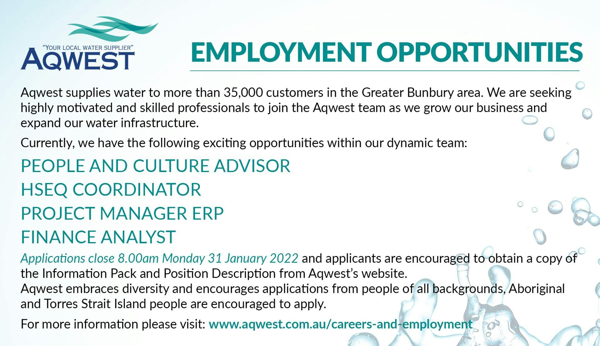 Aqwest employment opportunities banner.